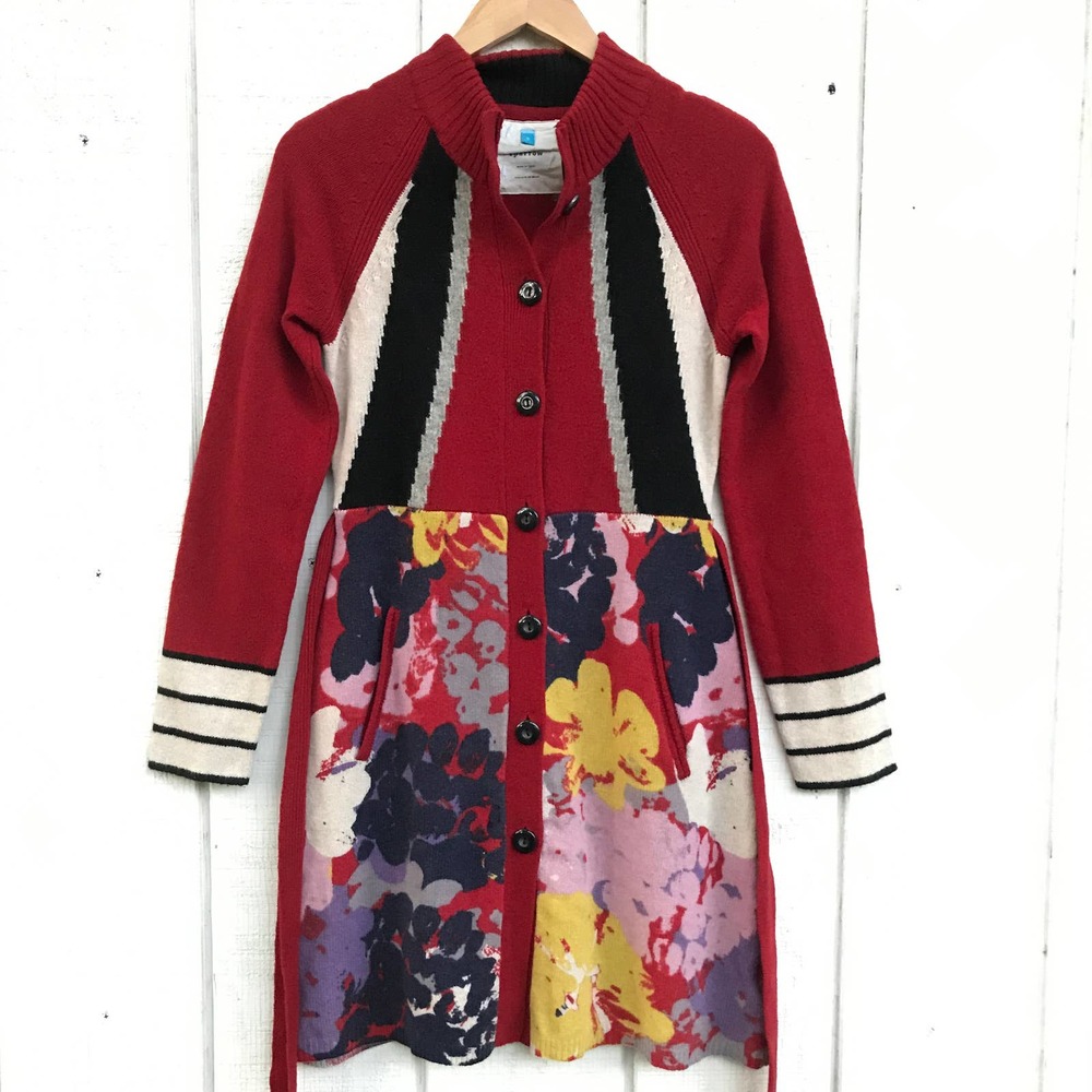 Anthro Sparrow Red Floral Knit SweaterCoat Sz S - Picture 5 of 10